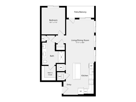 Floor plan for 1 bed, 1 bath, 764 sqft